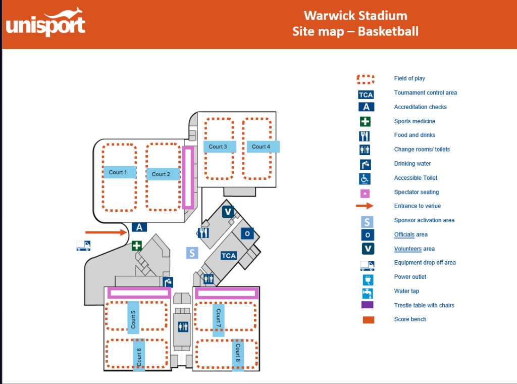 Site map of Warwick Stadium basketball area showing eight courts labeled Court 1–Court 8 with surrounding amenities and entrances.