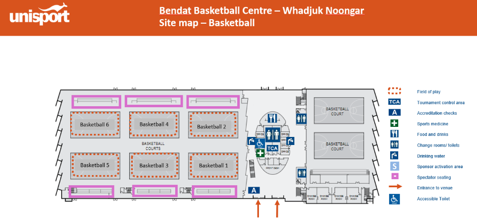 Site map of Bendat Basketball Centre showing six courts labeled Basketball 1–6, seating areas along the edges, and an amenities legend on the right side.