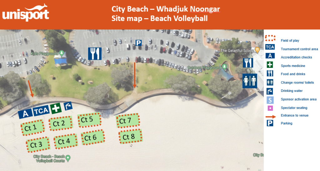 Aerial map of City Beach volleyball with eight courts labeled Ct 1–Ct 8 near the shoreline and a legend on the right showing facilities (A, TCA, first aid).
