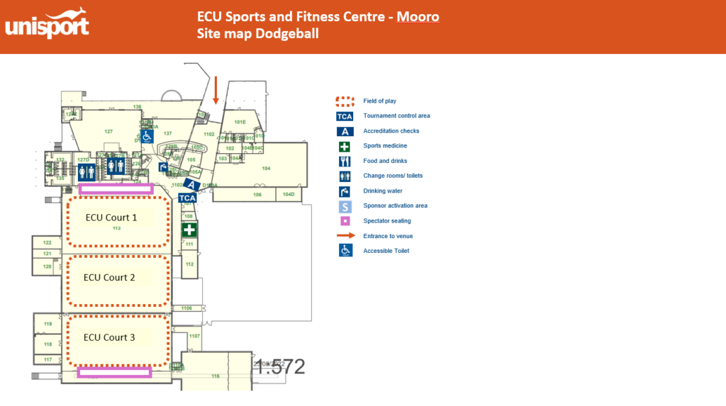 Site map of ECU Sports and Fitness Centre Mooro showing three dashed-bordered courts (ECU Court 1–3) and a legend of facilities on the right with icons and labels.