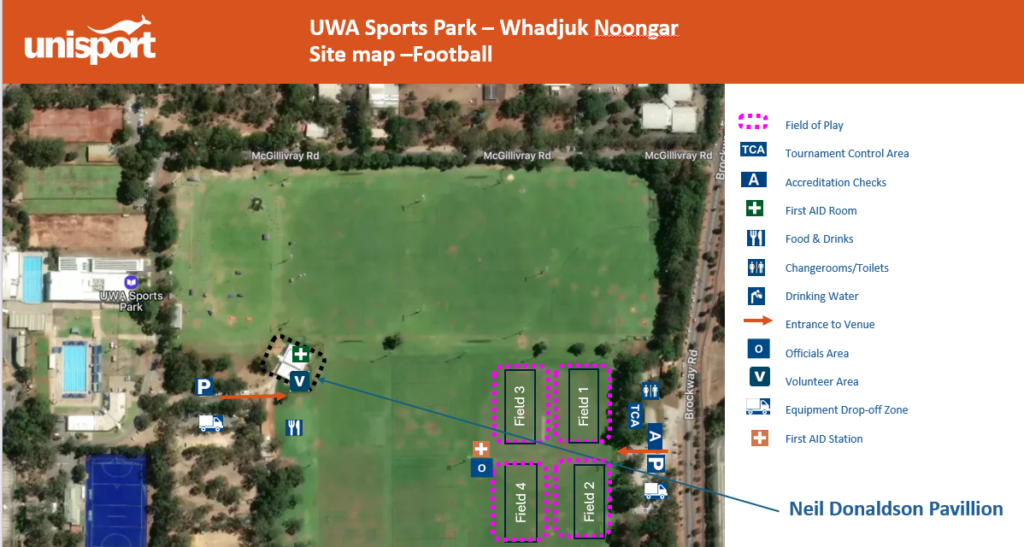 Aerial map of UWA Sports Park showing Field 1, Field 2, Field 3 and the Neil Donaldson Pavilion with a legend of facilities on the right side.