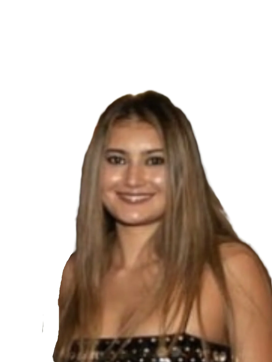 Smiling woman with long light brown hair wearing a studded off-shoulder top, against a white background.