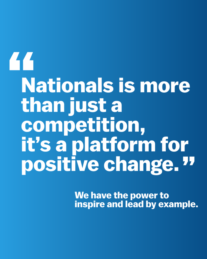 Quote on a blue gradient background: 'Nationals is more than just a competition, it’s a platform for positive change.' Followed by 'We have the power to inspire and lead by example.'