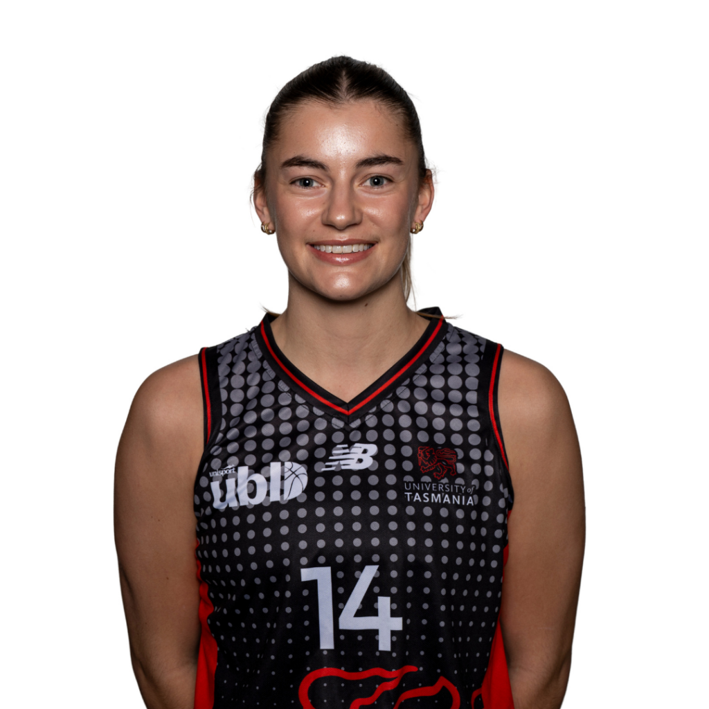 Portrait of a smiling female basketball player wearing a black and red jersey with number 14, standing against a white background.