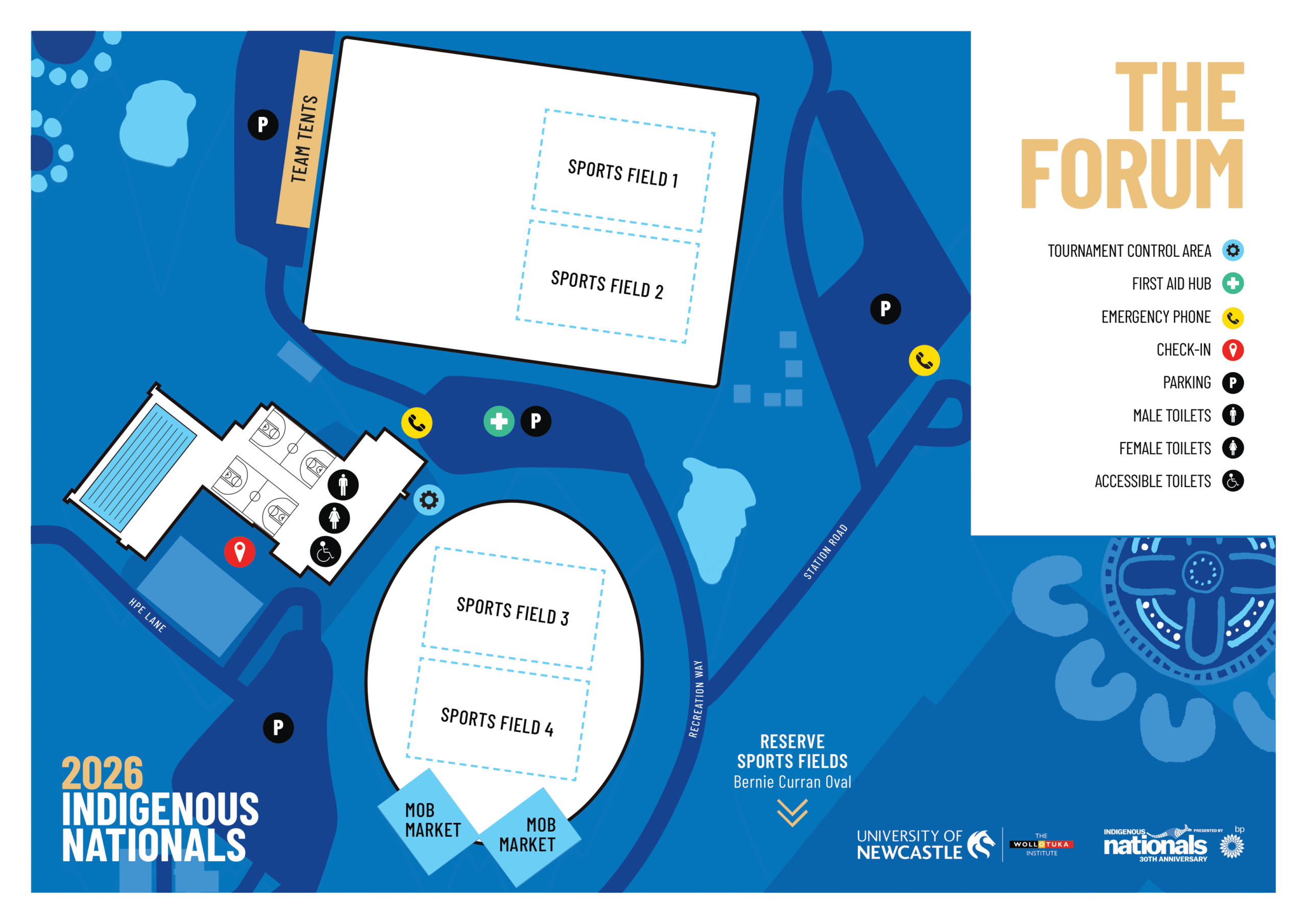 Illustrated event map for Indigenous Nationals 2026, showing Sports Field 1–4, The Forum area, parking and service icons on a blue background.