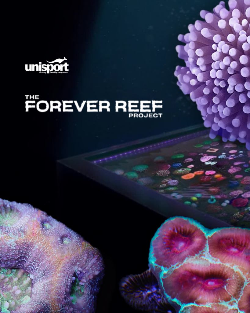 Promotional banner for The Forever Reef Project by Unisport, featuring coral imagery and a tablet with colorful app icons.