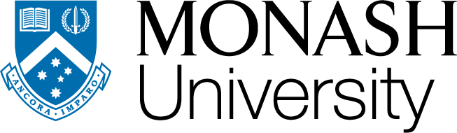 Monash University logo: blue crest with a book and laurel on the left and 'MONASH University' wordmark on the right.