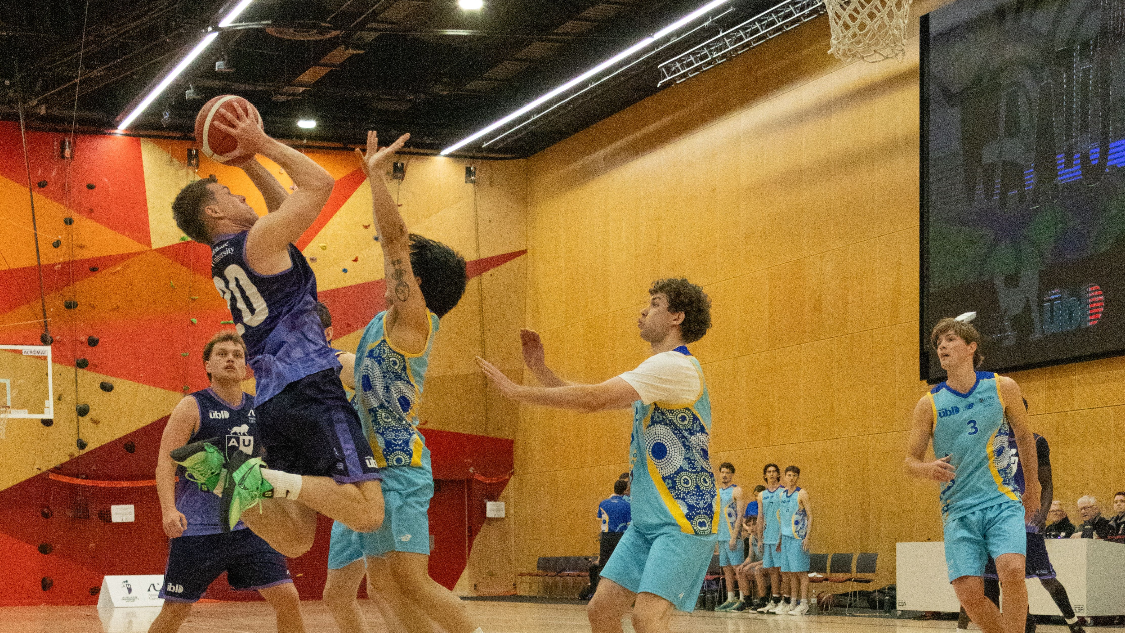 Basketball players jump for a rebound in an indoor gym; one blue jersey leaps with ball near the hoop while others reach up